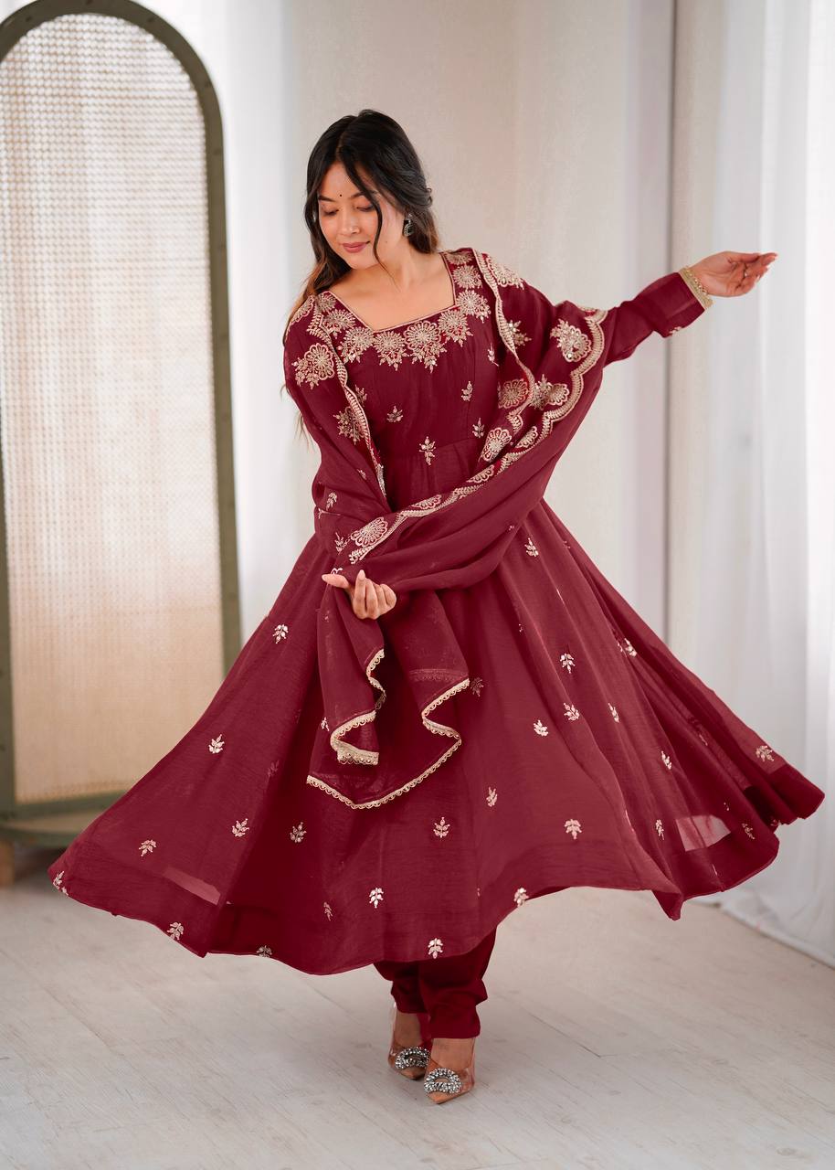 Exquisite Maroon Embroidered Anarkali Suit