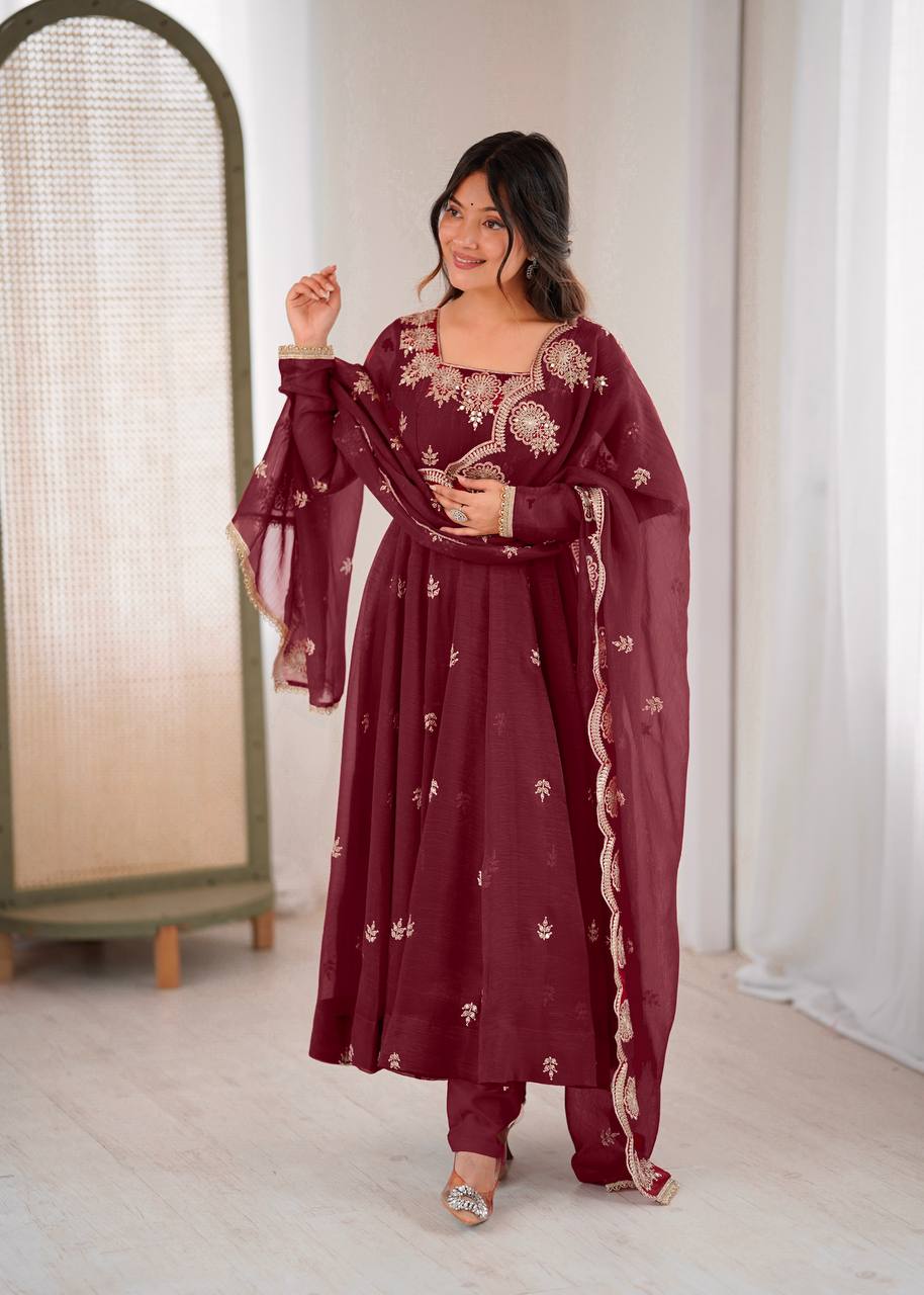 Exquisite Maroon Embroidered Anarkali Suit