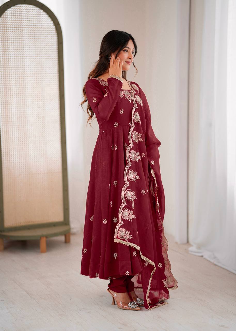 Exquisite Maroon Embroidered Anarkali Suit