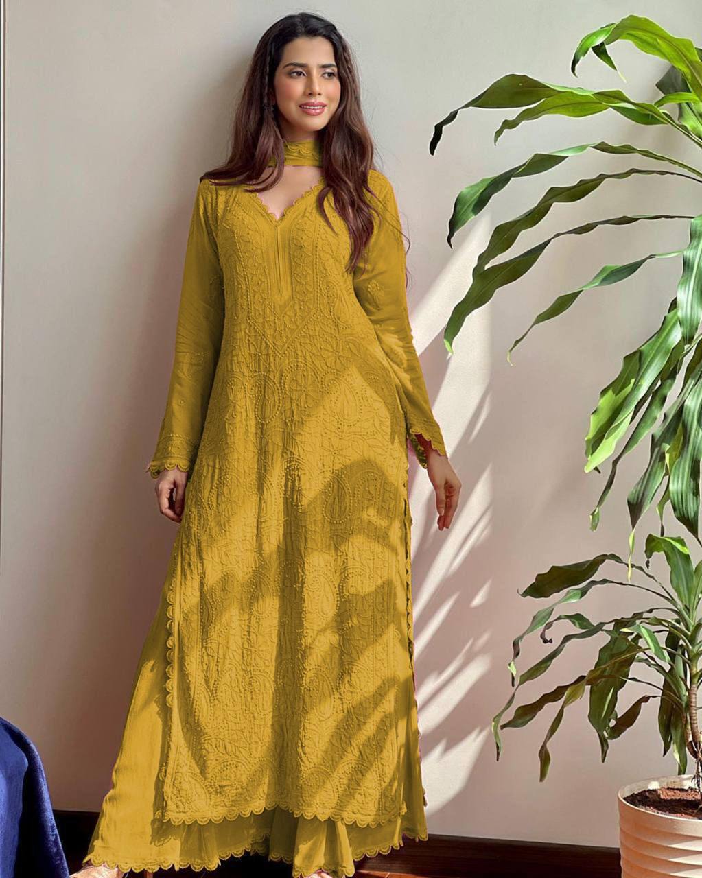 Wine Georgette Kurti With Pant And Dupatta