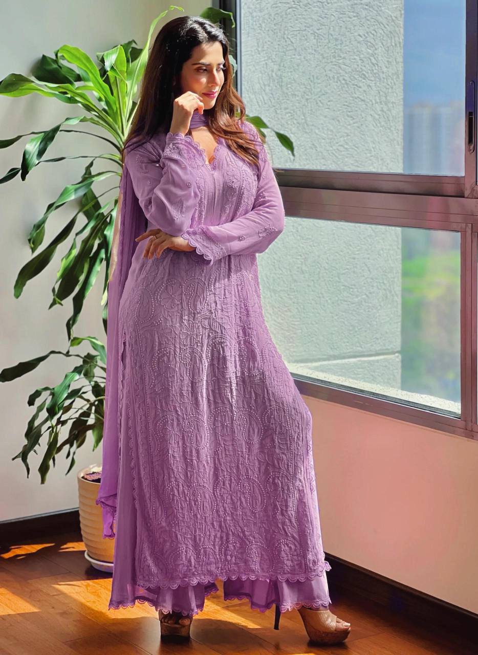 Wine Georgette Kurti With Pant And Dupatta