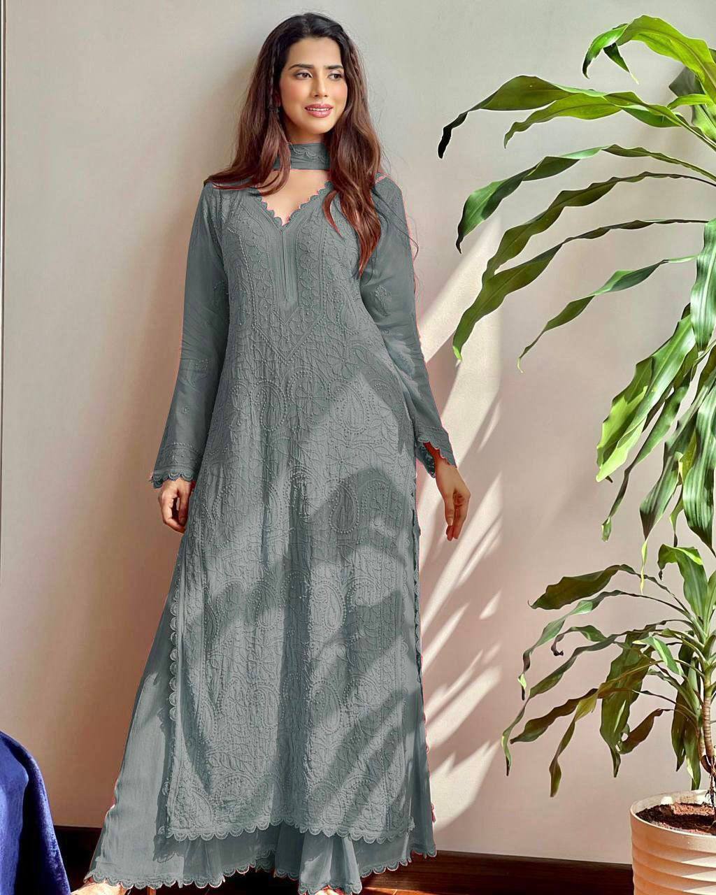 Wine Georgette Kurti With Pant And Dupatta
