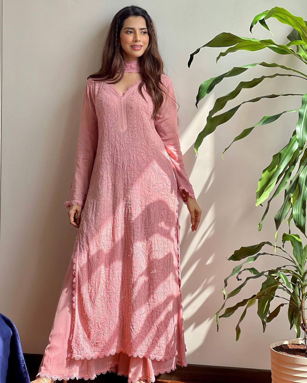 Wine Georgette Kurti With Pant And Dupatta