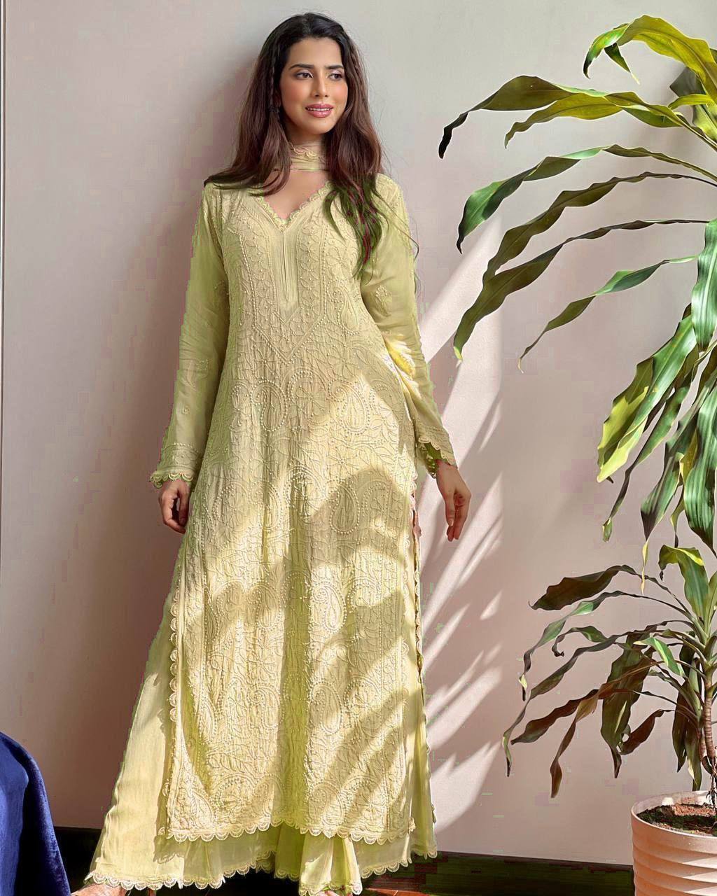 Wine Georgette Kurti With Pant And Dupatta