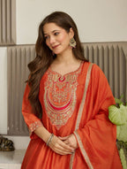 Orange Solid Kurti Pant Set
