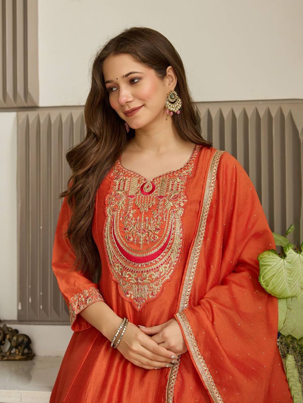 Orange Solid Kurti Pant Set