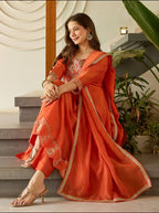 Orange Solid Kurti Pant Set