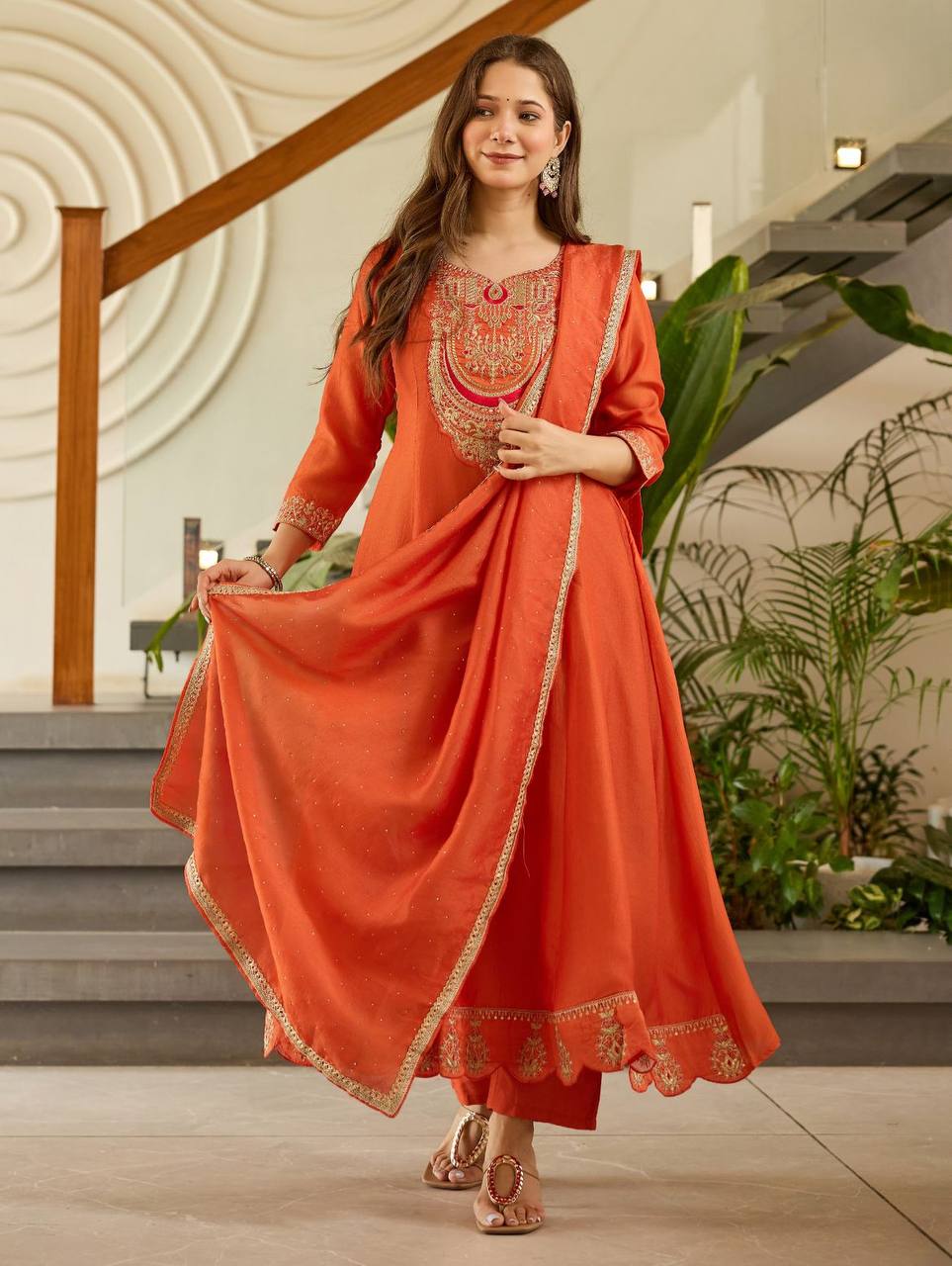 Orange Solid Kurti Pant Set
