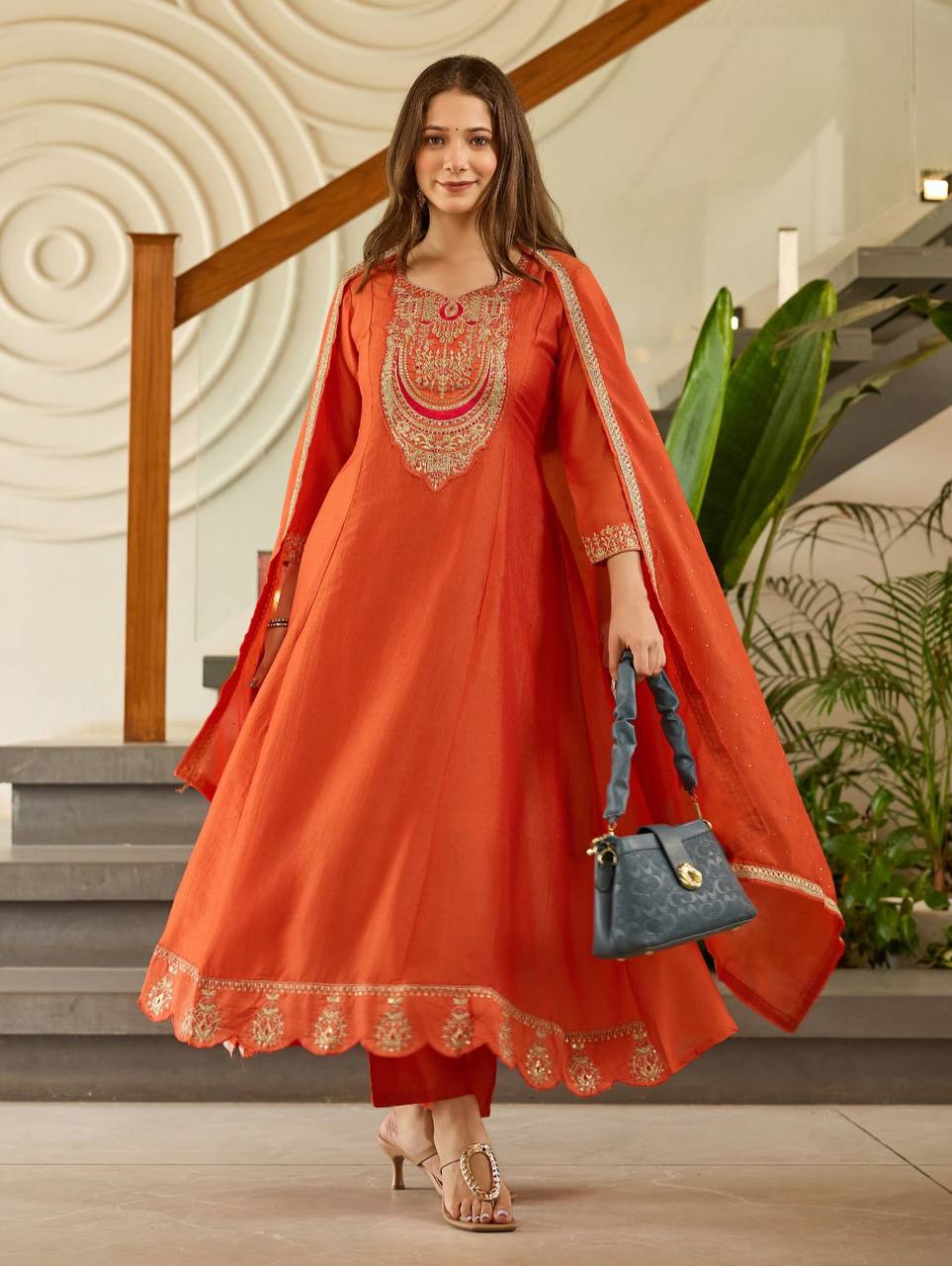 Orange Solid Kurti Pant Set