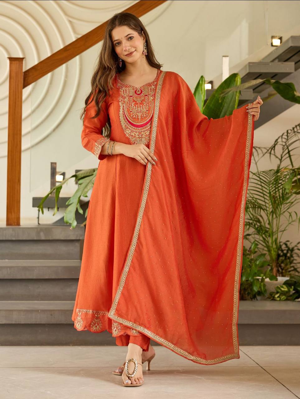 Orange Solid Kurti Pant Set