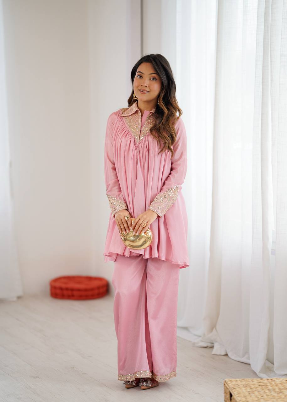 Baby Pink Embroidered Kurta Set & Pant Set