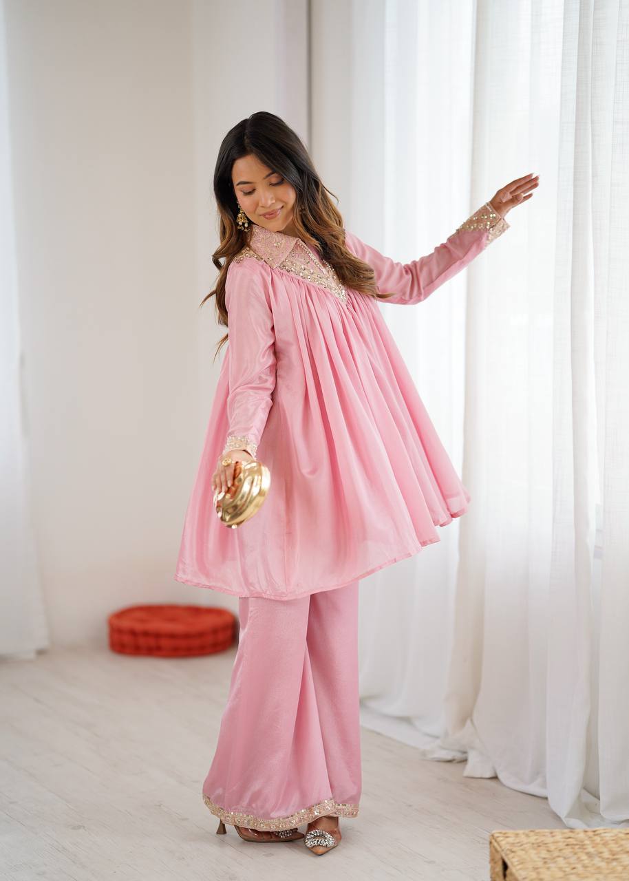 Baby Pink Embroidered Kurta Set & Pant Set