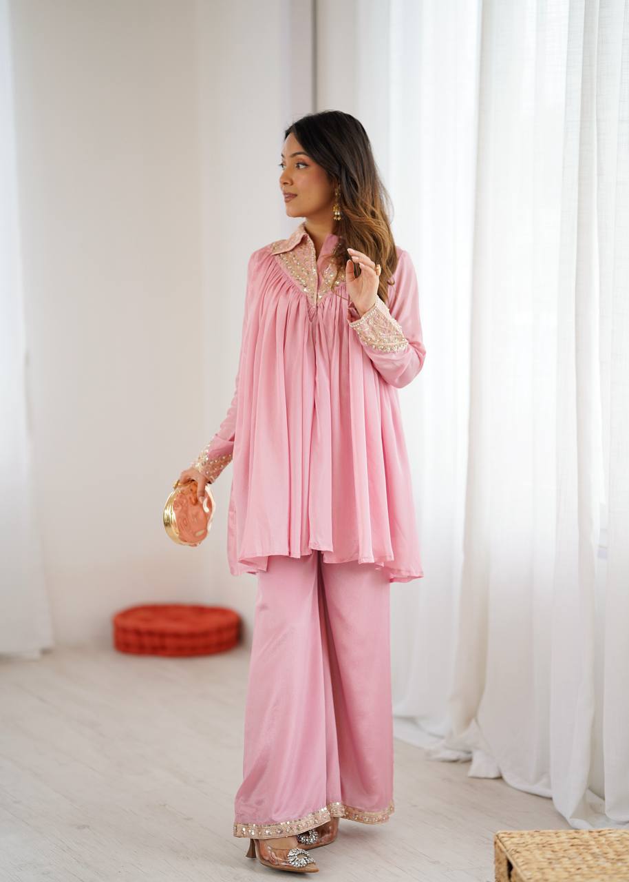 Baby Pink Embroidered Kurta Set & Pant Set