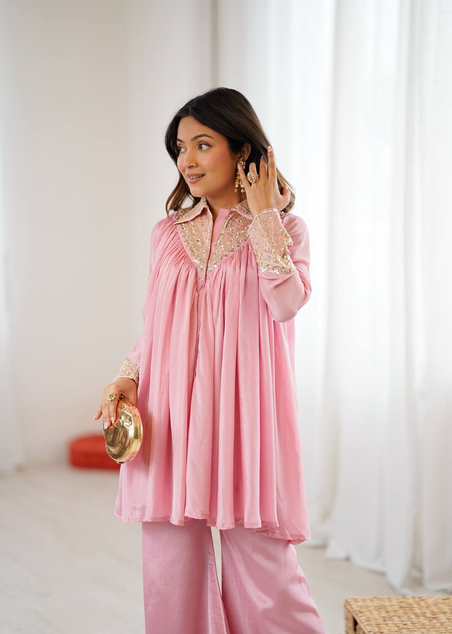 Baby Pink Embroidered Kurta Set & Pant Set