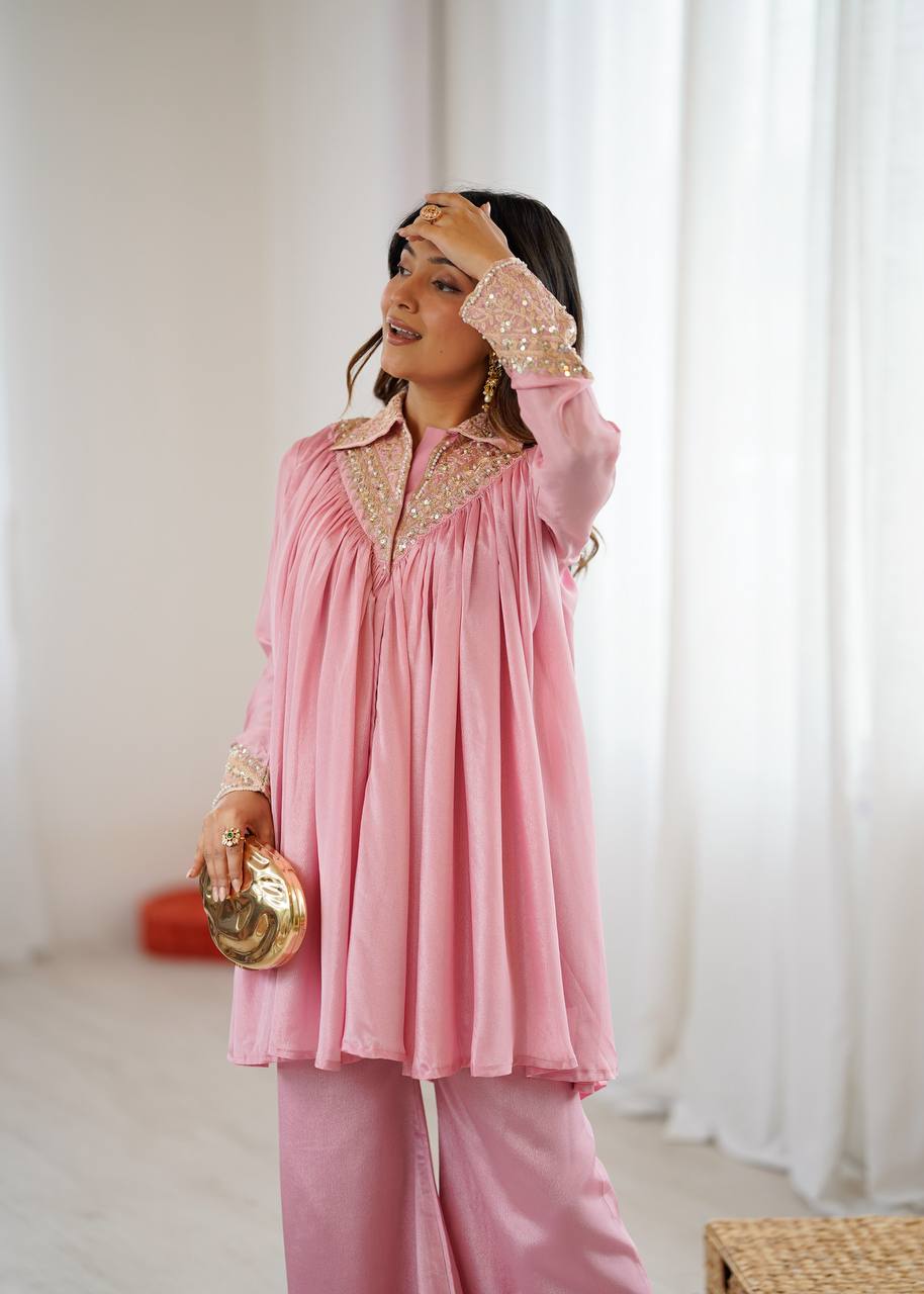 Baby Pink Embroidered Kurta Set & Pant Set