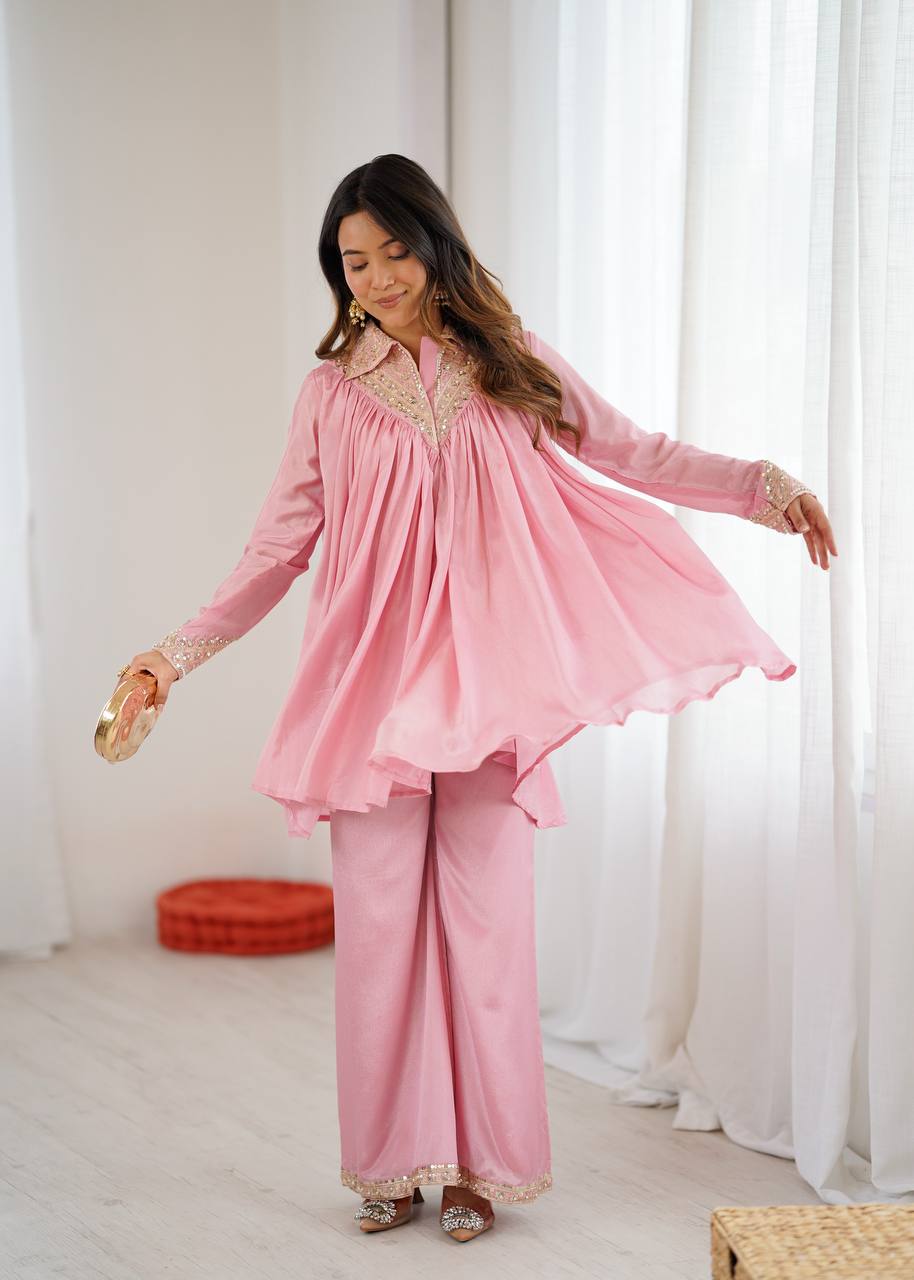 Baby Pink Embroidered Kurta Set & Pant Set