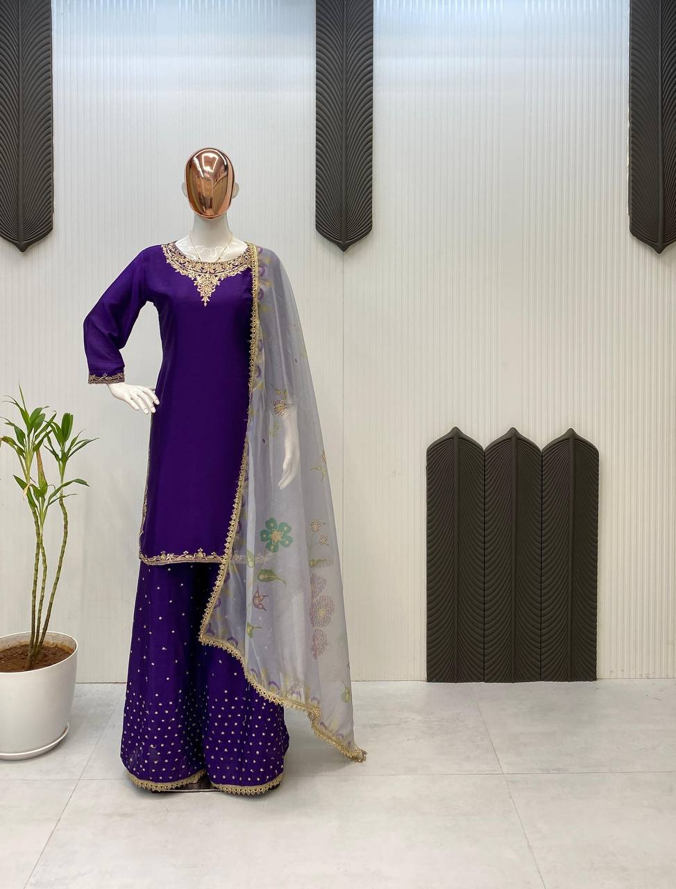 Purple Chinon Silk Embroidered Sequin Lehenga Suit