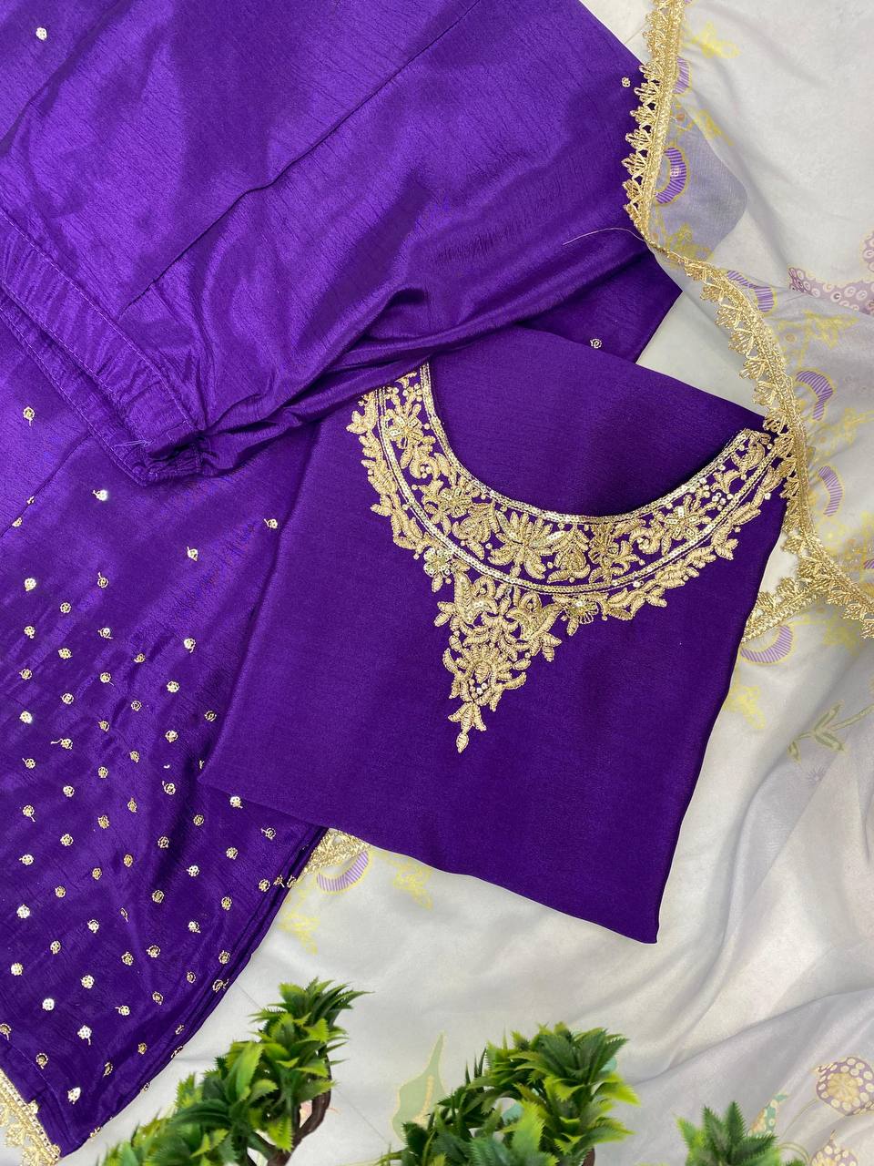 Purple Chinon Silk Embroidered Sequin Lehenga Suit