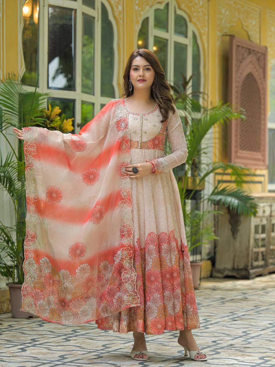 Women's Pure Anarkali Chiffon Kurta Pant and Dupatta Set