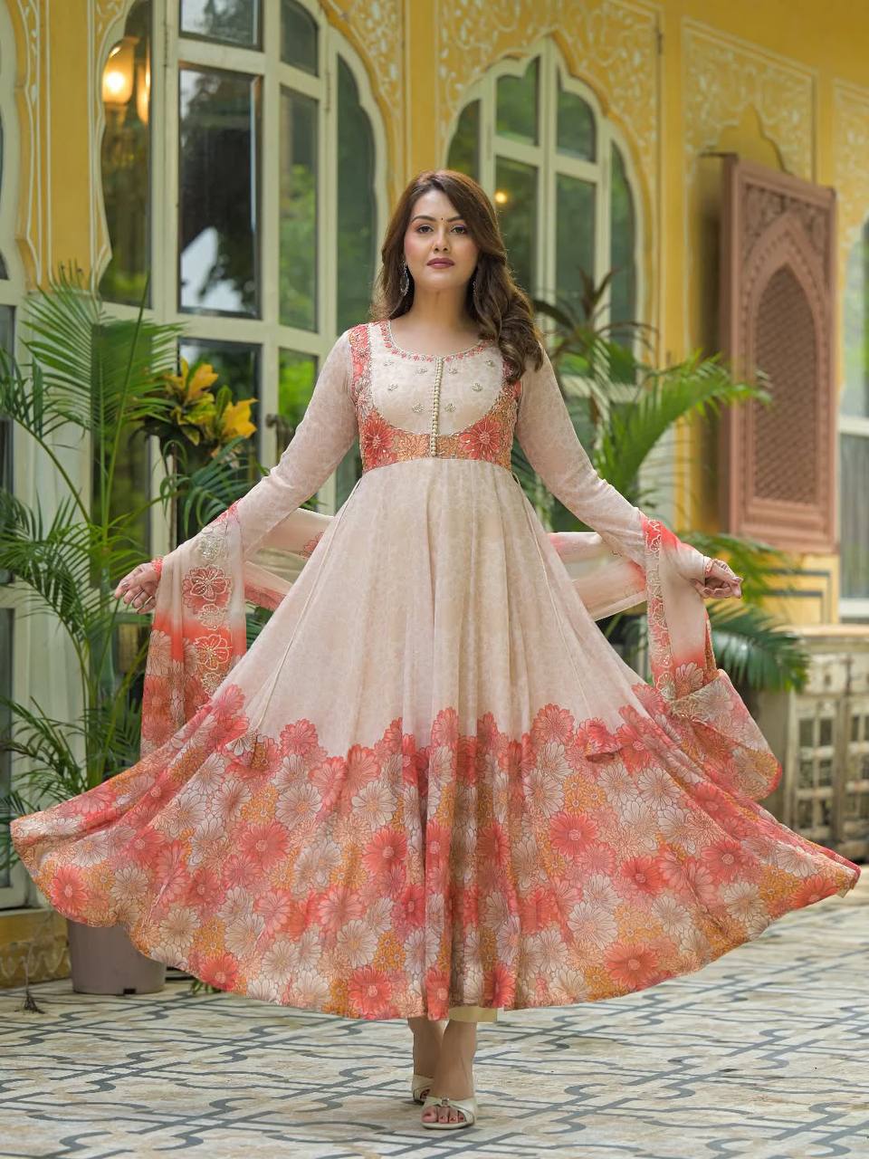 Women's Pure Anarkali Chiffon Kurta Pant and Dupatta Set