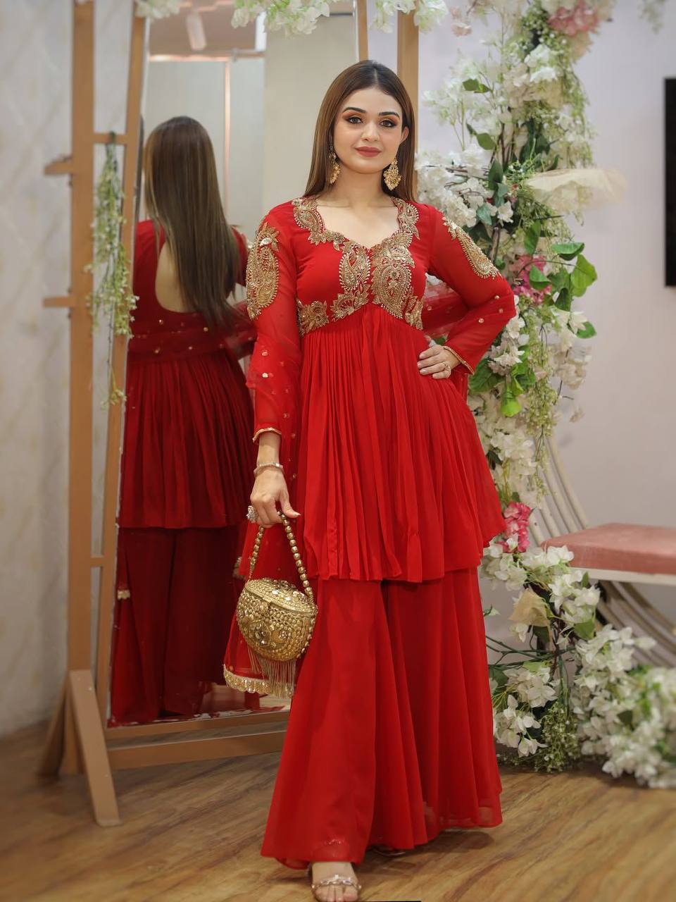 Red Embroidered Georgette Anarkali Set With Dupatta