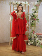 Red Embroidered Georgette Anarkali Set With Dupatta