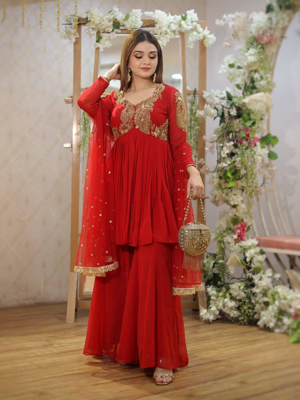 Red Embroidered Georgette Anarkali Set With Dupatta