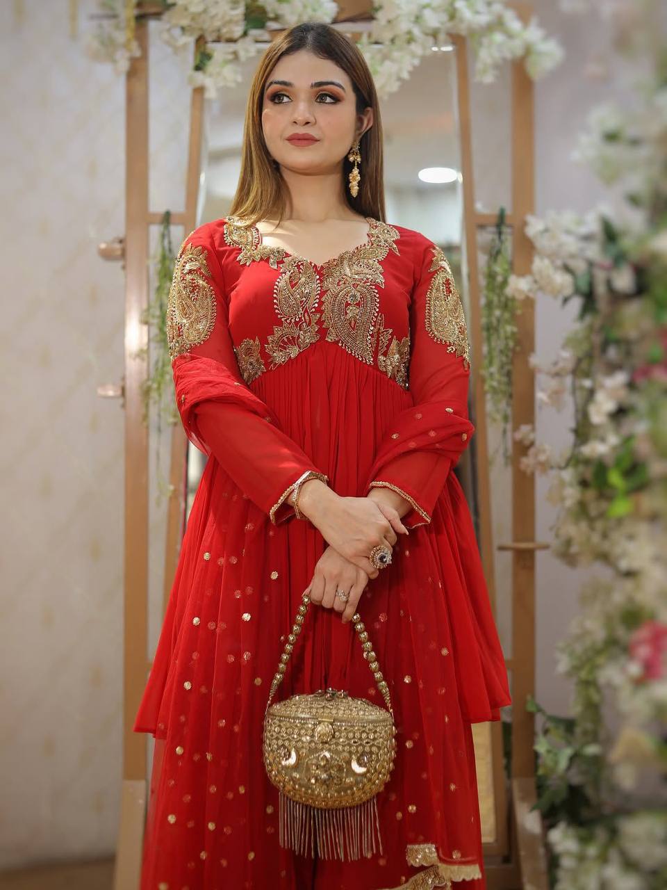 Red Embroidered Georgette Anarkali Set With Dupatta