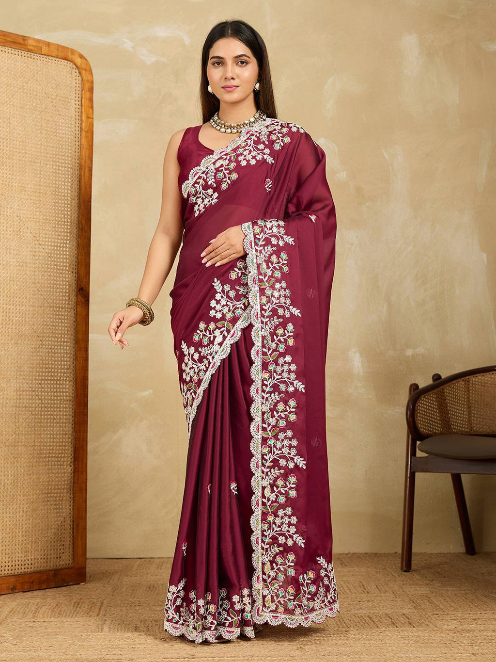Rangoli Silk Embroidered Saree with Cutwork Border