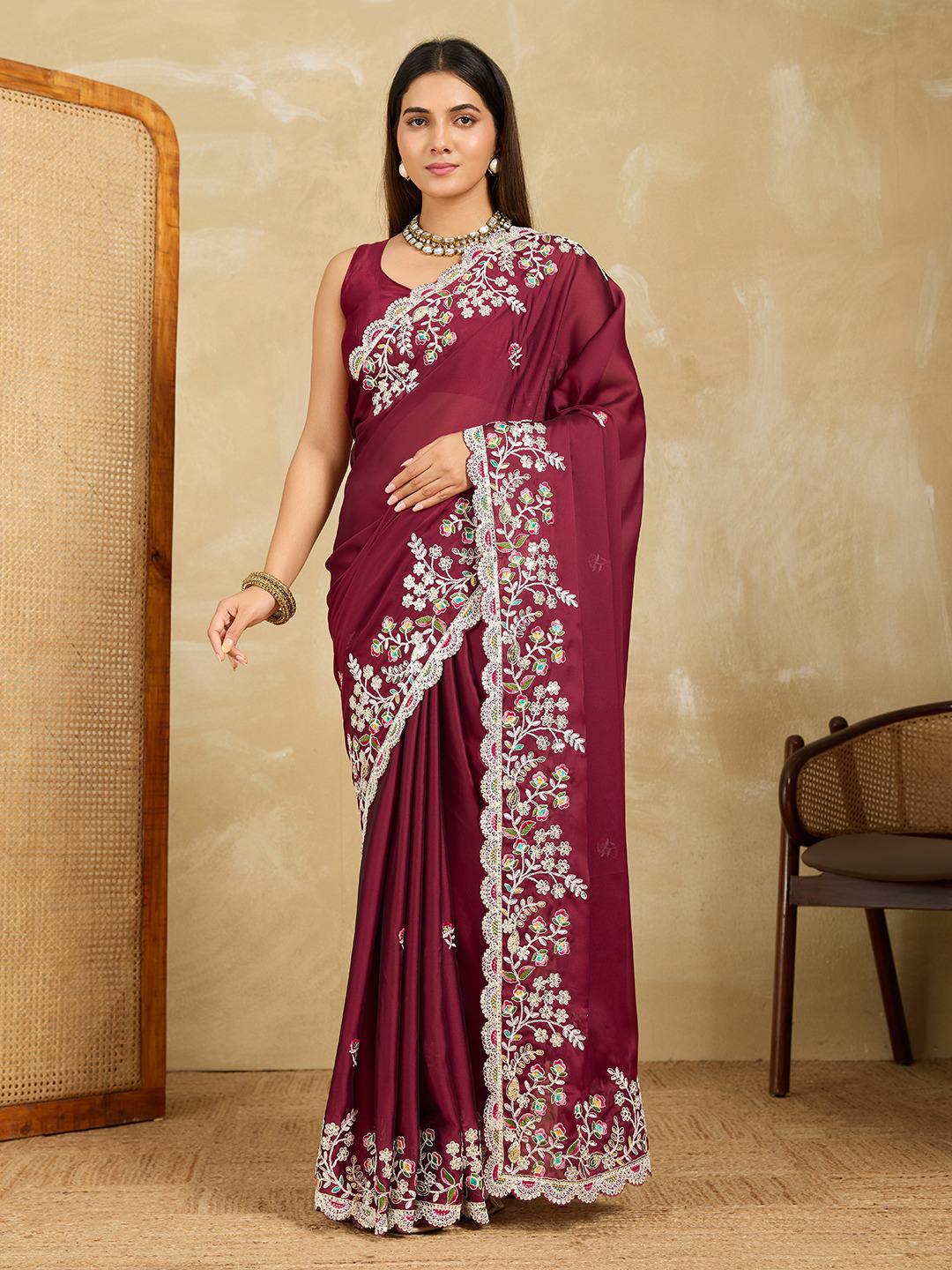 Rangoli Silk Embroidered Saree with Cutwork Border