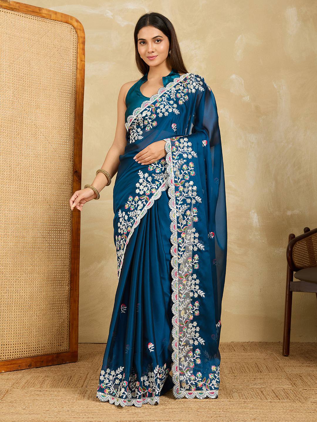 Rangoli Silk Embroidered Saree with Cutwork Border