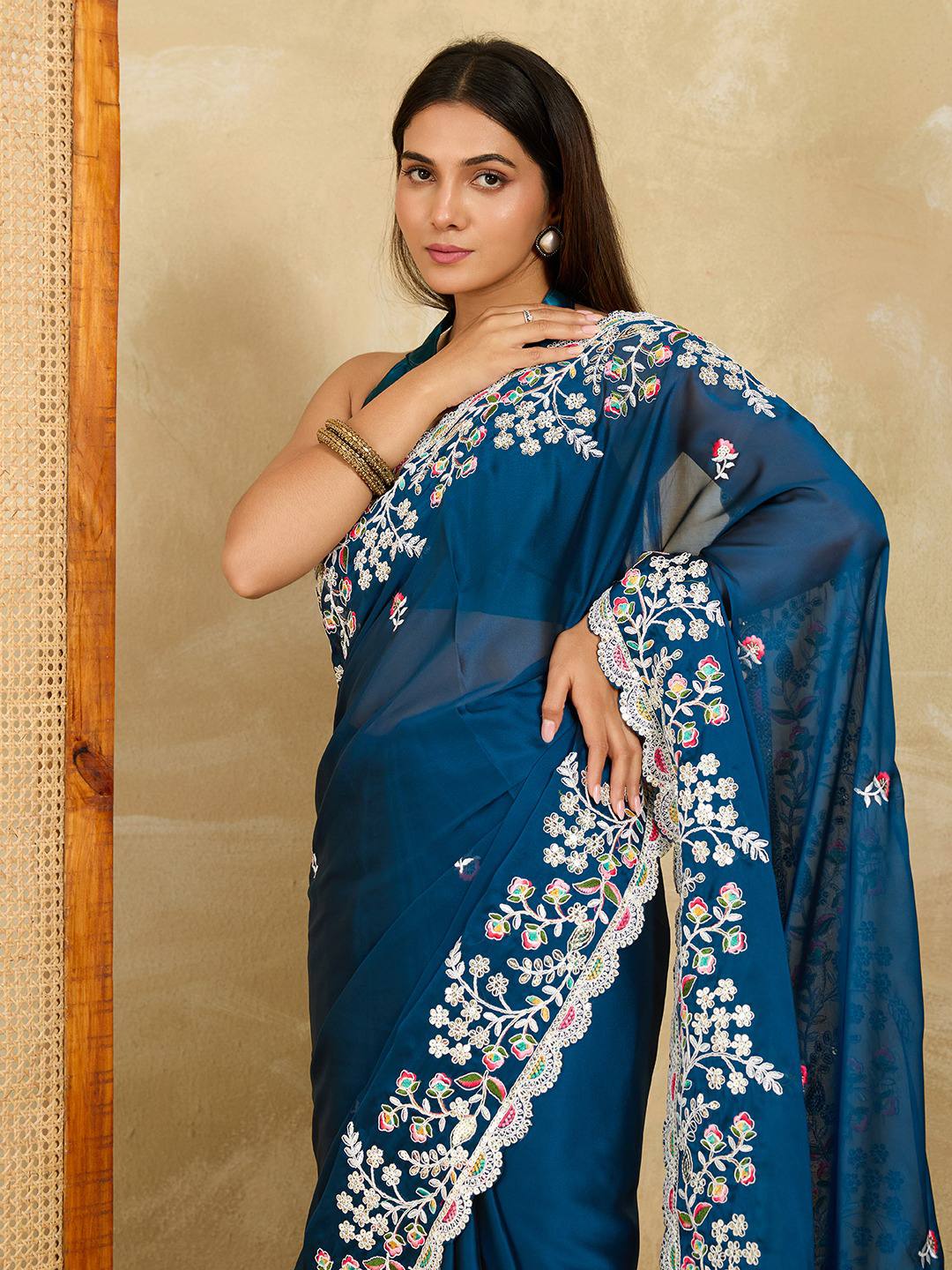 Rangoli Silk Embroidered Saree with Cutwork Border