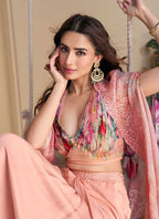 Pink Chinon Silk Digital Print Embroidered Sequins Indowestern