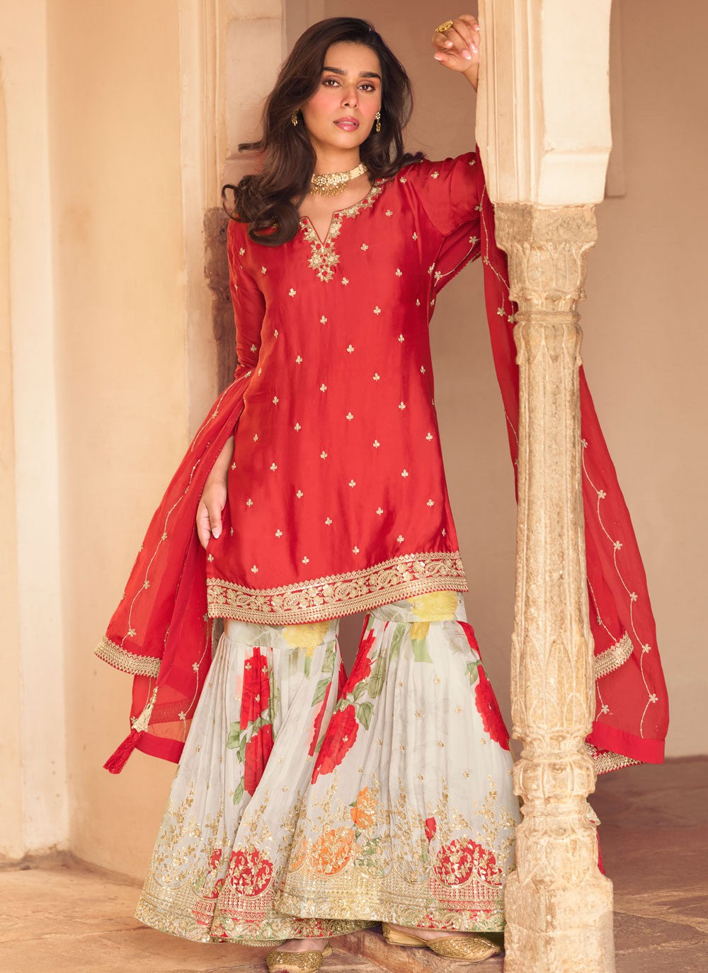 Red Embroidered Chinon Palazzo Salwar Kameez