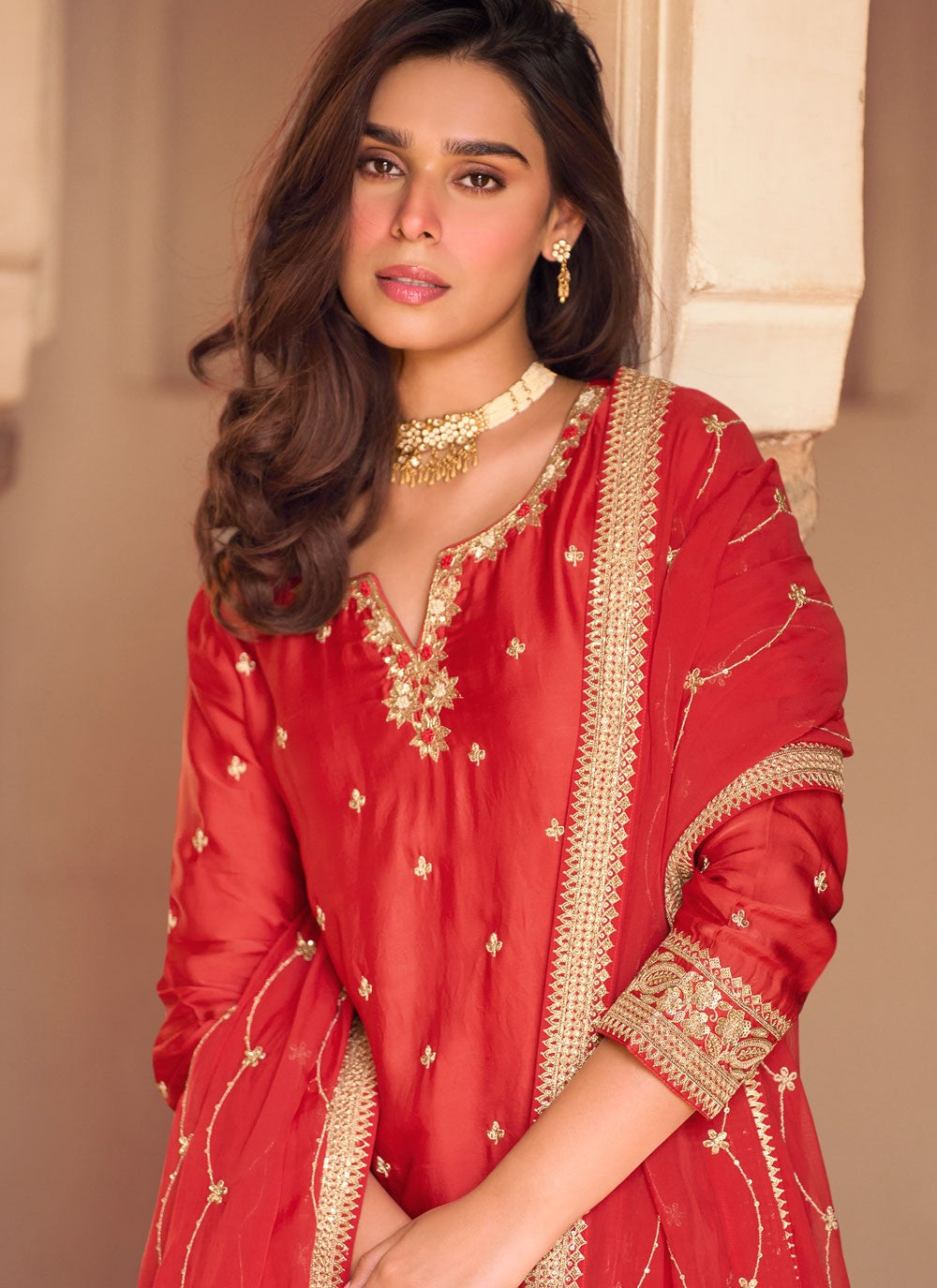 Red Embroidered Chinon Palazzo Salwar Kameez