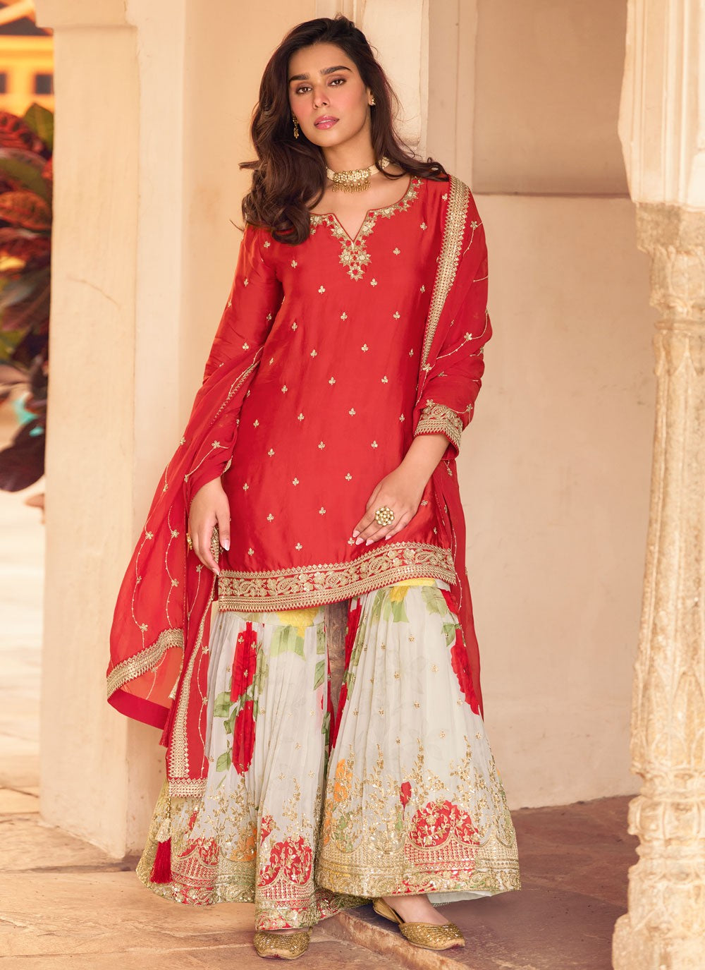 Red Embroidered Chinon Palazzo Salwar Kameez