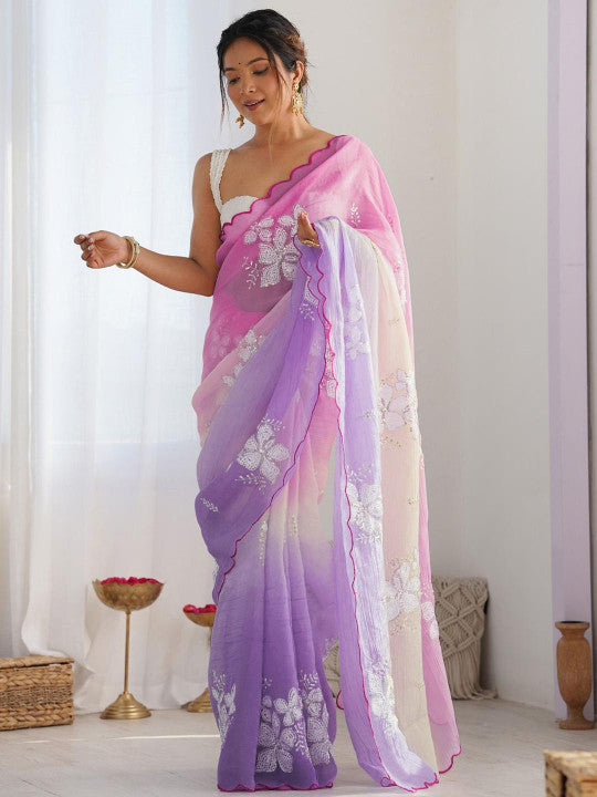 Floral Sequinned Embroidered Pure Georgette Saree