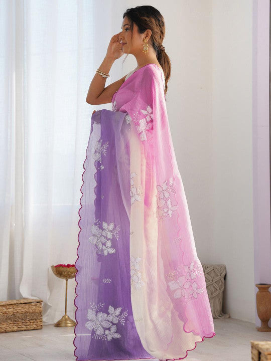 Floral Sequinned Embroidered Pure Georgette Saree