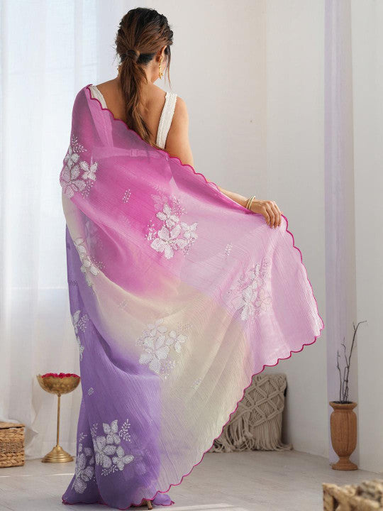 Floral Sequinned Embroidered Pure Georgette Saree